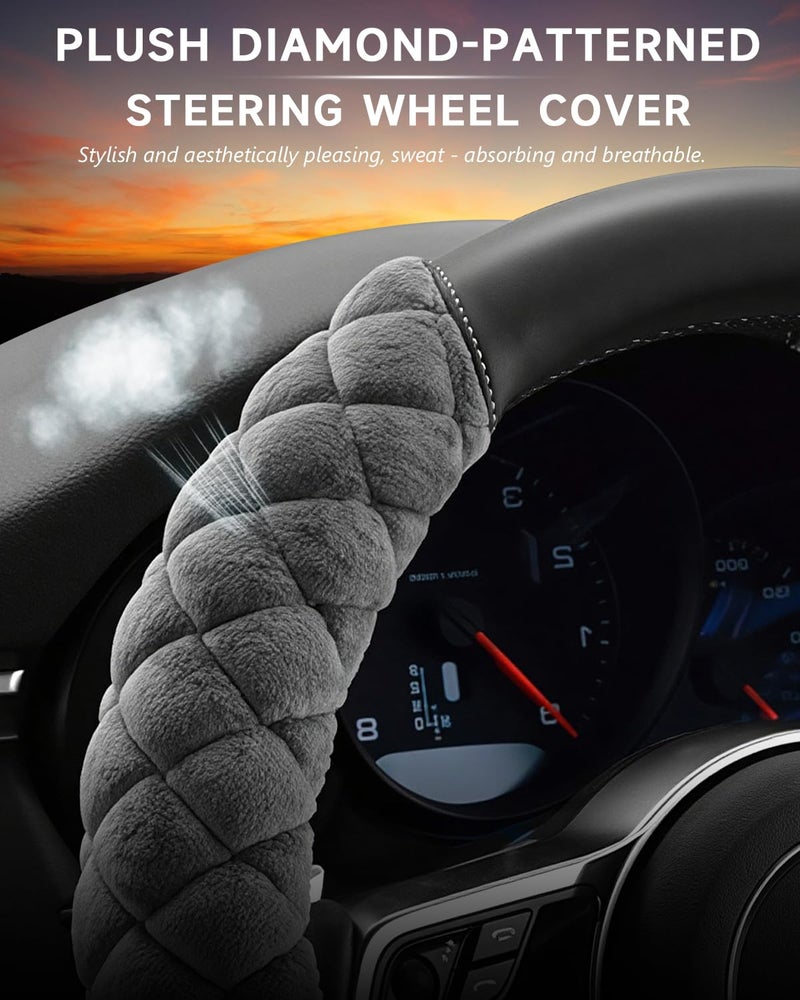Cxtiy Fluffy Steering Wheel Cover Women Men Plush Steering Wheel Warmer for Winter Soft Fuzzy Luxury Car Accessories (A-Gray) - Image 4
